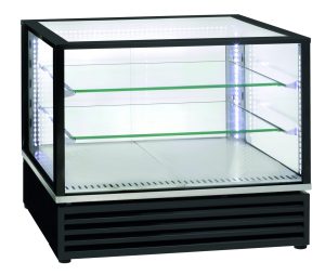 Vitrine panorâmica refrigerada de bancada, 2x GN1/1, 2 prateleiras - Preto