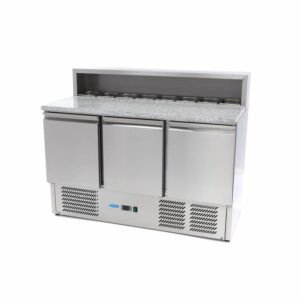 Frigorifico Saladette de Pizzas - 137 cm - 3 Portas - Adapta-se 8 x GN 1/6 - incl. Tampa em Aço Inoxidável