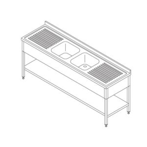Mesa para Máquina de Lavar Loiça - 210 x 70 cm - com 2 Lava-Loiças e Painel Traseiro - incl. Prateleira de Arrumação