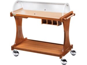 CARRINHO DE MADEIRA DE 2 NÍVEIS COM CÚPULA SEMICIRCULAR + PRATELEIRA + GAVETA DE TALHERES - NOGUEIRA (CL2255)